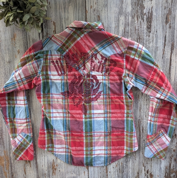 Western Denim Bank Plaid Western Snap Shirt Women's Medium - Picture 6 of 9